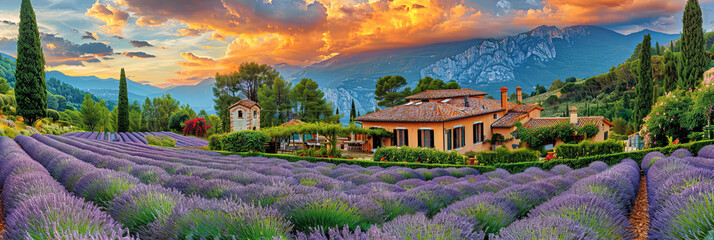 Wall Mural - A beautiful landscape with a house in the middle of a field of lavender