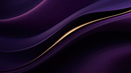 Wall Mural - Elegant 3D abstract background dark purple curved shapes with gold lines over black.