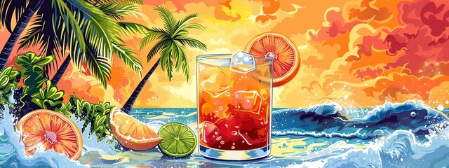 Craft a whimsical vector beach cocktail illustration, featuring a playful twist on traditional garnishes, set against a backdrop of palm trees and crashing waves Playful, vector art, vibrant colors