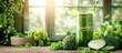 Green smoothie with vegetables on the table by window in kitchen, copy space for healthy eating concept. glass of green juice and vegetable, healthy food,