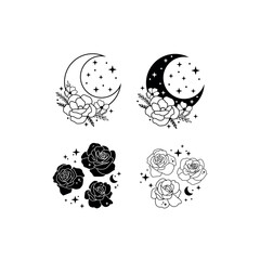 Blooming crescent moon with flowers and stars vector illustrations set