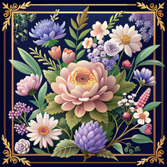 Wall Mural - A floral design with a blue background. The flowers are pink and purple. The design is very colorful and lively