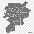 High Quality map of Lublin is a city  Poland, with borders of the districts. Map of Lublin for your web site design, app, UI. EPS10.