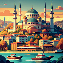 Istanbul A Painting Of A City With A Large Blue Dome On Top Of A Building