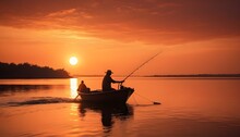 Beautiful Nature Landscape Silhouette Fisherman Driving A Boat To Home Under The Sun, Golden Light On The Red Orange Sky At Sunset