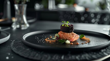 Wall Mural - Exquisite dining experience with a meticulously crafted dish presented on an elegant black plate.