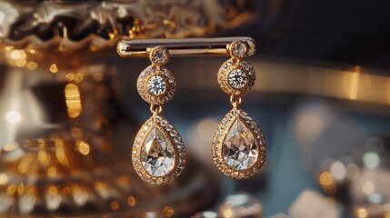 Wall Mural - Elegant gold earrings with sparkling white diamonds and crystals. Perfect for adding a touch of glamour and sophistication