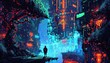 Design a pixel art composition portraying futuristic technologies entwined with horror elements from a tilted angle perspective Experiment with glitch art effects and vibrant colors to create a haunti
