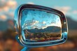 Illustrate a photorealistic scene of a rear view mirror reflecting a captivating journey into the past, utilizing digital rendering techniques to highlight every tiny detail