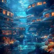 Explore the surreal underwater city, where coral buildings, free swimming inhabitants, and vibrant marine life reside peacefully