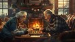 Elderly Couple Enjoying a Friendly Game of Checkers in Their Cozy Living Room with Warm Fireplace