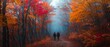 Exaggerated colors of a forest in autumn, trees in unreal shades of blue, pink, and orange, hikers in awe, daytime