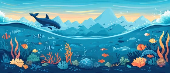 Wall Mural - A blue ocean with a whale swimming in it