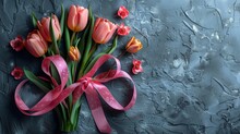 International Women's Day, A Pink Ribbon With Yellow Tulips Is Displayed On A Gray Background With Text Space.