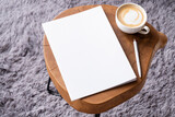 Fototapeta Łazienka - blank magazine mockup on coffee table with cappuccino, pen and grey rug