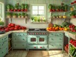 In a cartoonishly vibrant kitchen, fruits and veggies come to life, cooking each other with surreal humor