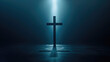 © Fostor - A dramatic image of a cross highlighted by a spotlight in a darkened environment, symbolizing faith and hope.