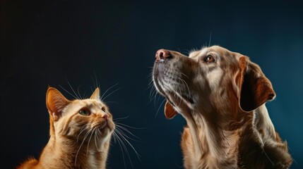 Friendly portrait a labrador retriever dog with ginger cat sitting together. AI generated image