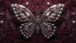 Beautiful silver decorative butterfly with pearls on burgundy background as wallaper illustration, Elegant  Silver Deco Butterfly