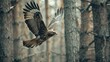 Portrait of a buzzard flying with spread wings between trees in the forest. AI generated