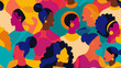 Colorful flat color illustration of diverse women standing together in unity, bold colors and simple shapes