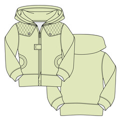 Wall Mural - Boys quilted hoodie front and back view technical flat drawing vector template
