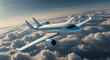 A futuristic hydrogen powered airplane or aeroplane flying over and above the clouds, representing the next generation of sustainable air travelling, neon