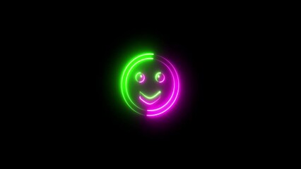 Wall Mural - Glowing neon emoticon video icon. smiley face neon icon animation. Neon cute emoji sign on black background.