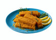 Crisp golden fried fish fingers sticks on a blue plate isolated on white background.