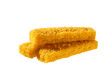 Crispy golden fried fish fingers sticks isolated on white background.
