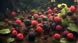 Create an artificial intelligence (AI)-rendered picture of a tangled web of wild dewberries in a forest clearing, complete with trailing vines and clusters of dark, luscious fruits.