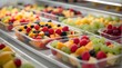 Fruit salads already packaged and sold in plastic boxes in a commercial refrigerator Duplicate the image of space Location for text or design additions
