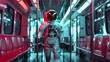 Astronaut sits in the train and waits, 

