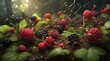 Create an artificial intelligence (AI)-rendered picture of a tangled web of wild dewberries in a forest clearing, complete with trailing vines and clusters of dark, luscious fruits.