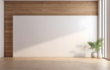 Wall Mural - empty room with a wooden floor and a blank white mockup on the wall