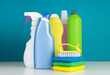 Sanitary items,cleaners.Colorful plastic sanitizing bottles.Desinfectants.