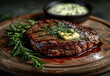 Juicy Medium Rare Steak with Herb Butter on Rustic Wooden Board