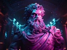 A Greek Statue Of Zeus, The King Of The Gods, Is Illuminated By Pink And Blue Neon Lights.