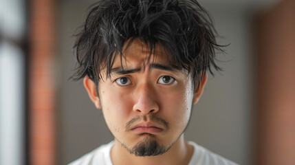 Wall Mural - A Japanese man with a beard and messy hair is looking at the camera with a sad expression. He is in a bad mood. a Japanese man in his 20s with a depressed unhappy expression.