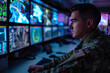 A focused military surveillance officer monitoring screens of data in a high-tech command center, showcasing precision and vigilance.