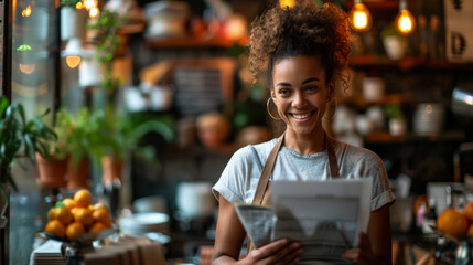 A female business owner working at a fancy restaurant