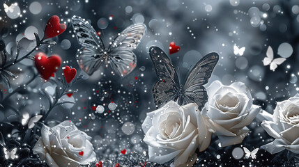 3D white roses, butterflies and red heart background as wallpaper illustration with copy space, Elegant Romantic Background