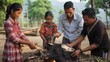 A family participating in animal sacrifice rituals