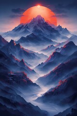 Wall Mural - A calming sunset over a serene mountain landscape. AI generate illustration