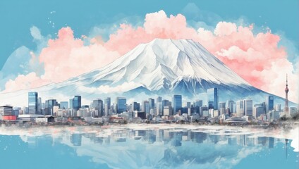 Wall Mural - Mount Fuji and Tokyo cityscape double exposure contemporary style minimalist artwork collage illustration.