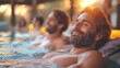Attractive men with smile enjoys atmosphere of hot tub at sunset, relaxation and self-care