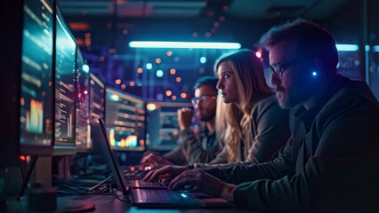 Poster - group of people sitting in front of computer screen at office, cybersecurity professionals thwarting