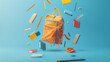 © Rattanachat - A minimalist scene of a school bag with floating school supplies such as pencils, erasers, rulers, and books against a plain background.