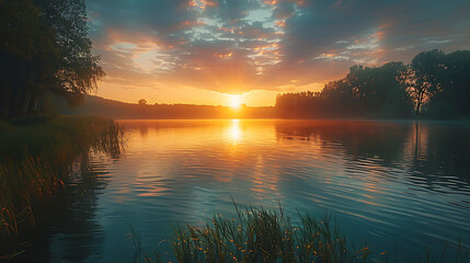 Wall Mural - sunset over the river