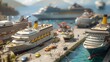 traffic jam of cruise ships inlcuding partial view of the port of a small cycladic island